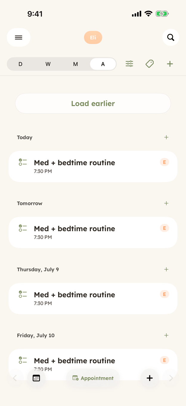 CareHaven's Schedule for the same demo profile in Agenda view, listing each day's care entries — a repeating 7:30 PM evening routine — with an Appointment button along the bottom.