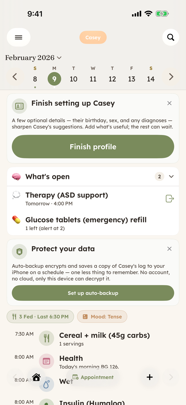 CareHaven's Home screen for a demo profile named Casey. A week strip runs across the top, then cards for finishing the profile and setting up auto-backup, an open-items list, two summary chips reading 3 Fed, last 6:30 PM and Mood: Tense, and a timeline beginning at 7:30 AM with cereal, a health note, and a potty entry. The Main Menu button sits at the bottom left and the plus button just right of center.