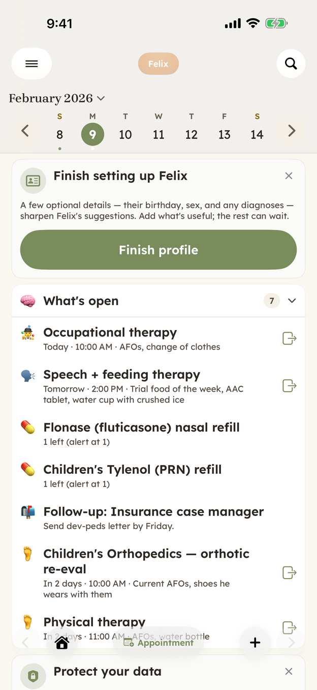 CareHaven's Home screen for Felix, showing the date picker and a 'What's open' list of seven items: therapy appointments, two medication refill alerts, an insurance follow-up, and an upcoming orthotic re-eval.