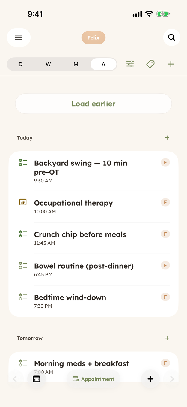 CareHaven's agenda view for Felix, listing today's items in order by time, from a pre-OT routine at 9:30 through bedtime wind-down at 7:30, with tomorrow's first item underneath.