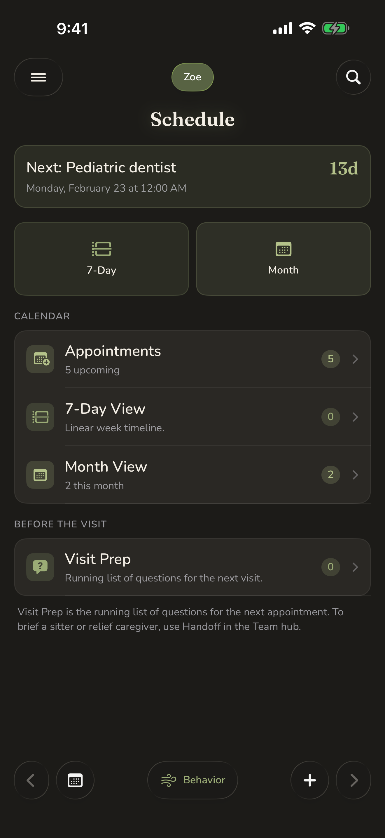 The in-app schedule