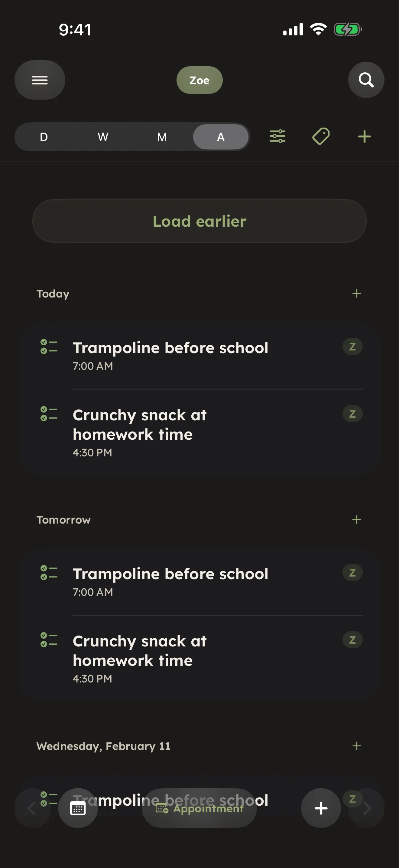 The in-app schedule