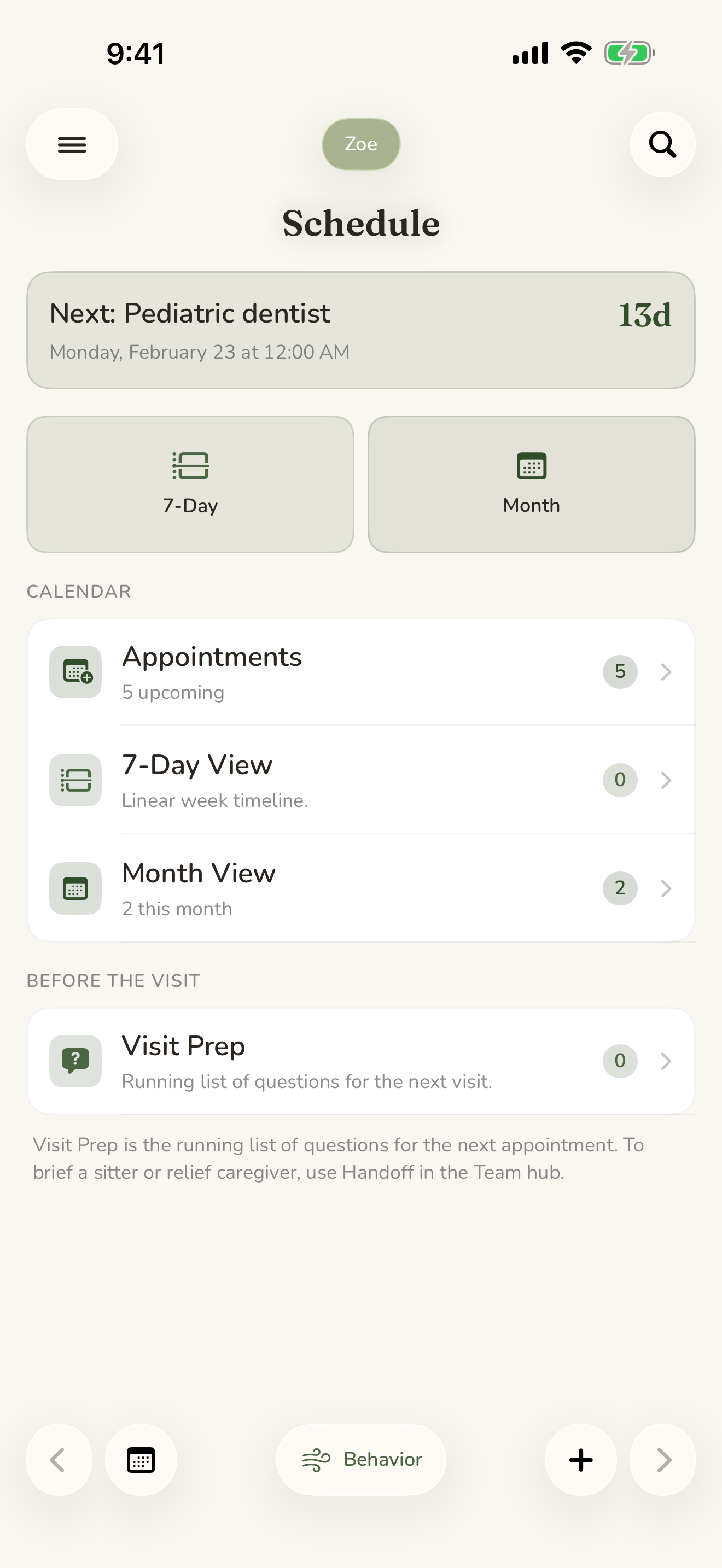 The in-app schedule