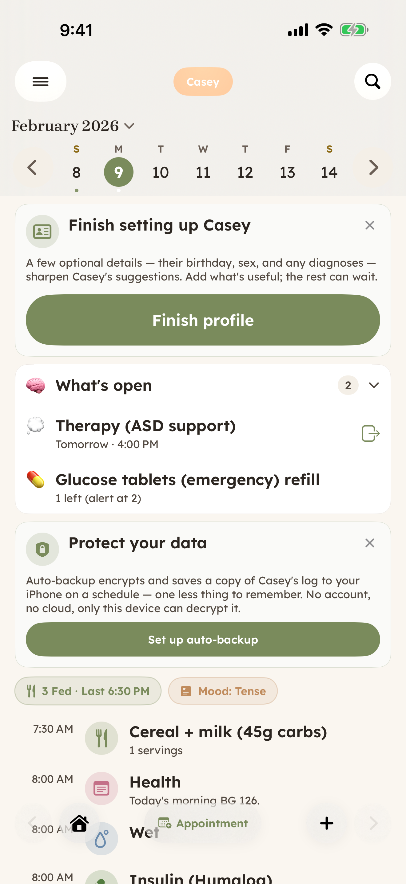 CareHaven Home screen — a Type 1 diabetes day with a What's open list including a continuous-glucose-monitor sensor change, a glucose-tablet refill, and a therapy session.