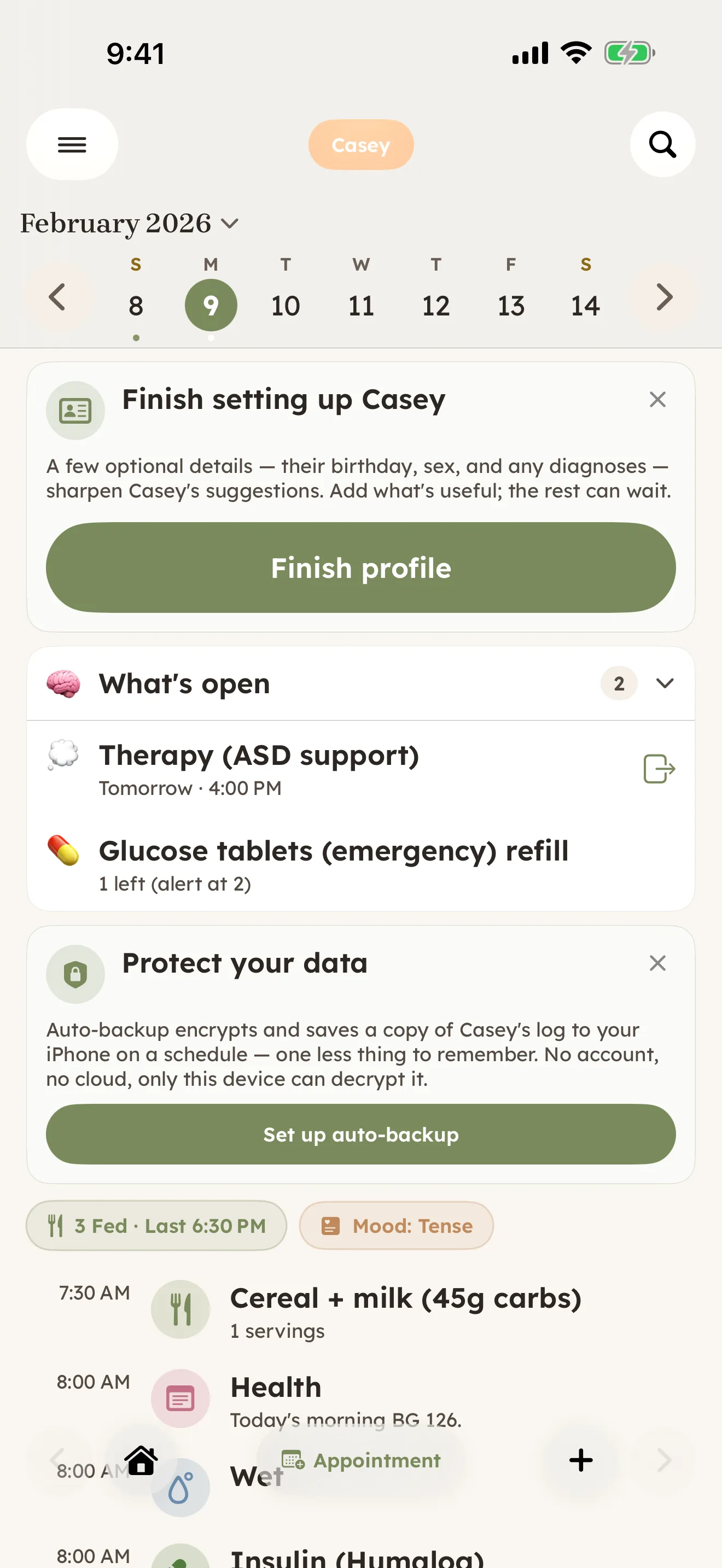 CareHaven Home screen — a Type 1 diabetes day with a What's open list including a continuous-glucose-monitor sensor change, a glucose-tablet refill, and a therapy session.