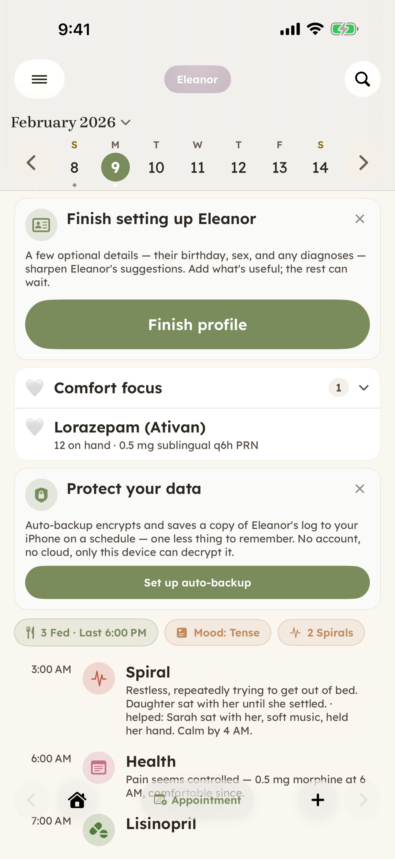 CareHaven Home screen for an elderly parent — a day view with comfort-care medications, mood and agitation summary pills, and timeline notes including an overnight agitation episode a daughter settled.
