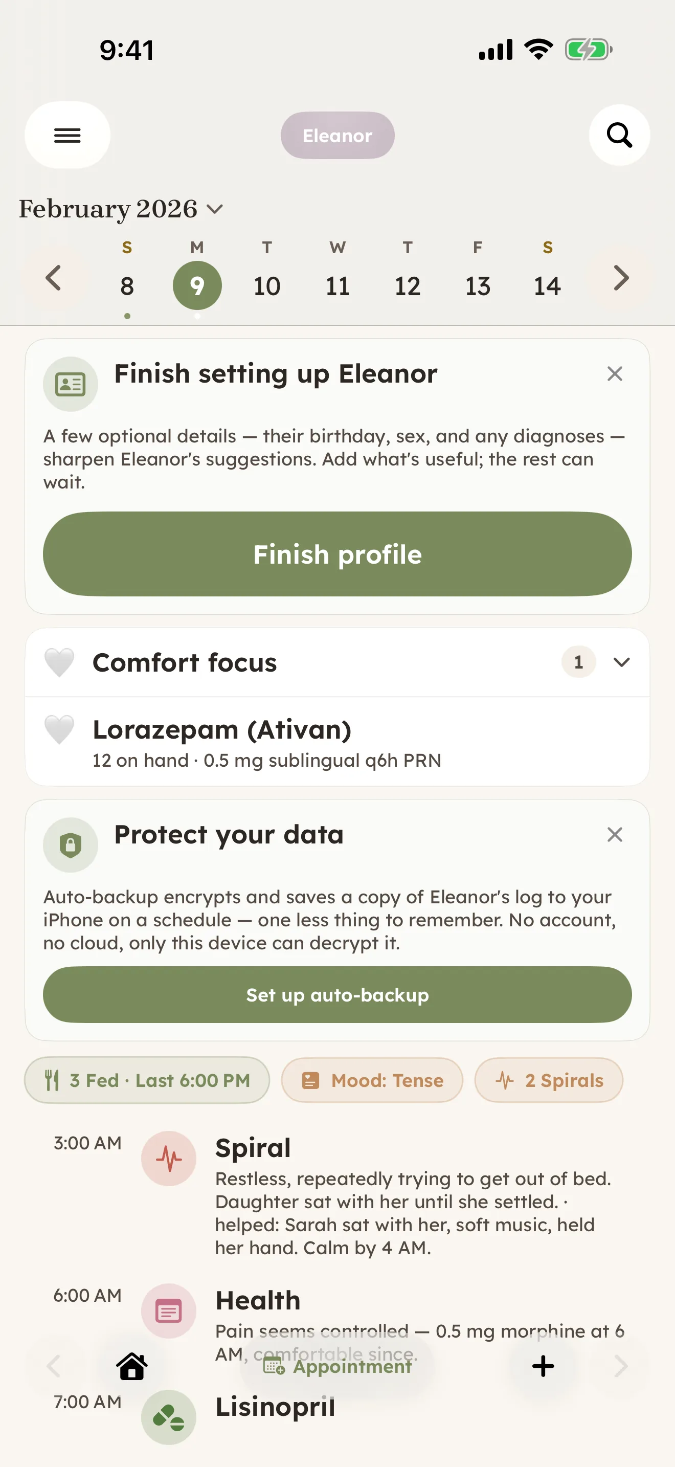 CareHaven Home screen for an elderly parent — a day view with comfort-care medications, mood and agitation summary pills, and timeline notes including an overnight agitation episode a daughter settled.