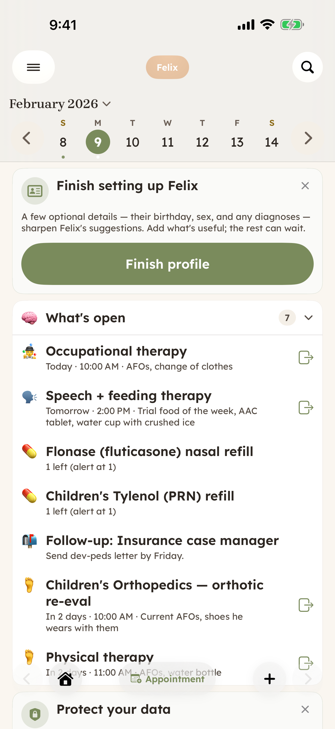 CareHaven Home screen — a medically-complex child's day with a What's open list of therapy sessions, medication refills, an insurance follow-up, and a bowel-care routine.