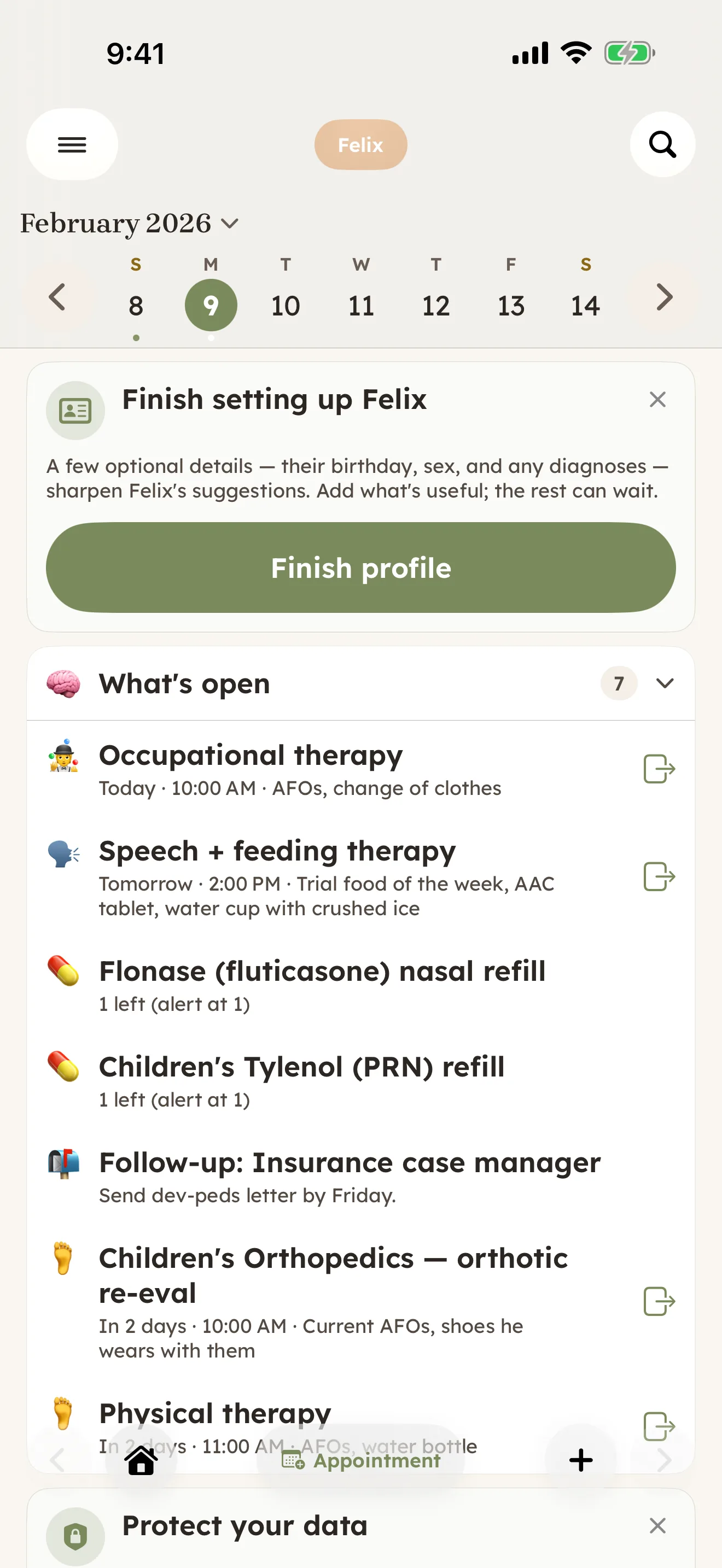CareHaven Home screen — a medically-complex child's day with a What's open list of therapy sessions, medication refills, an insurance follow-up, and a bowel-care routine.