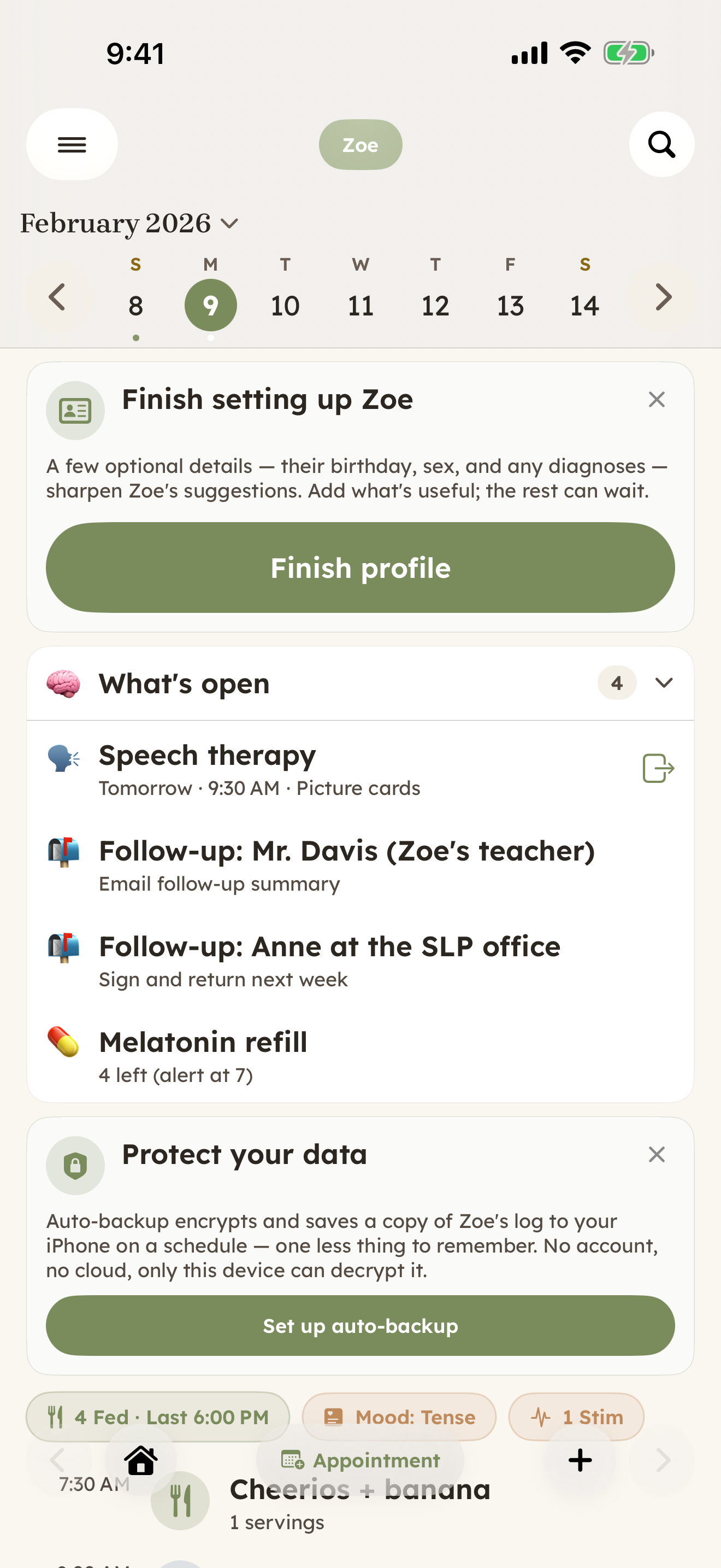 CareHaven Home — a day timeline showing feedings, behaviors, vitals, and notes, with summary pills at the top.