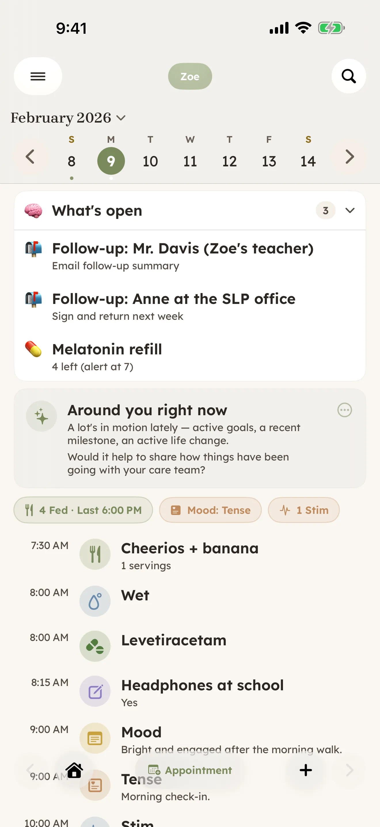 CareHaven Home — a day timeline showing feedings, behaviors, vitals, and notes, with summary pills at the top.