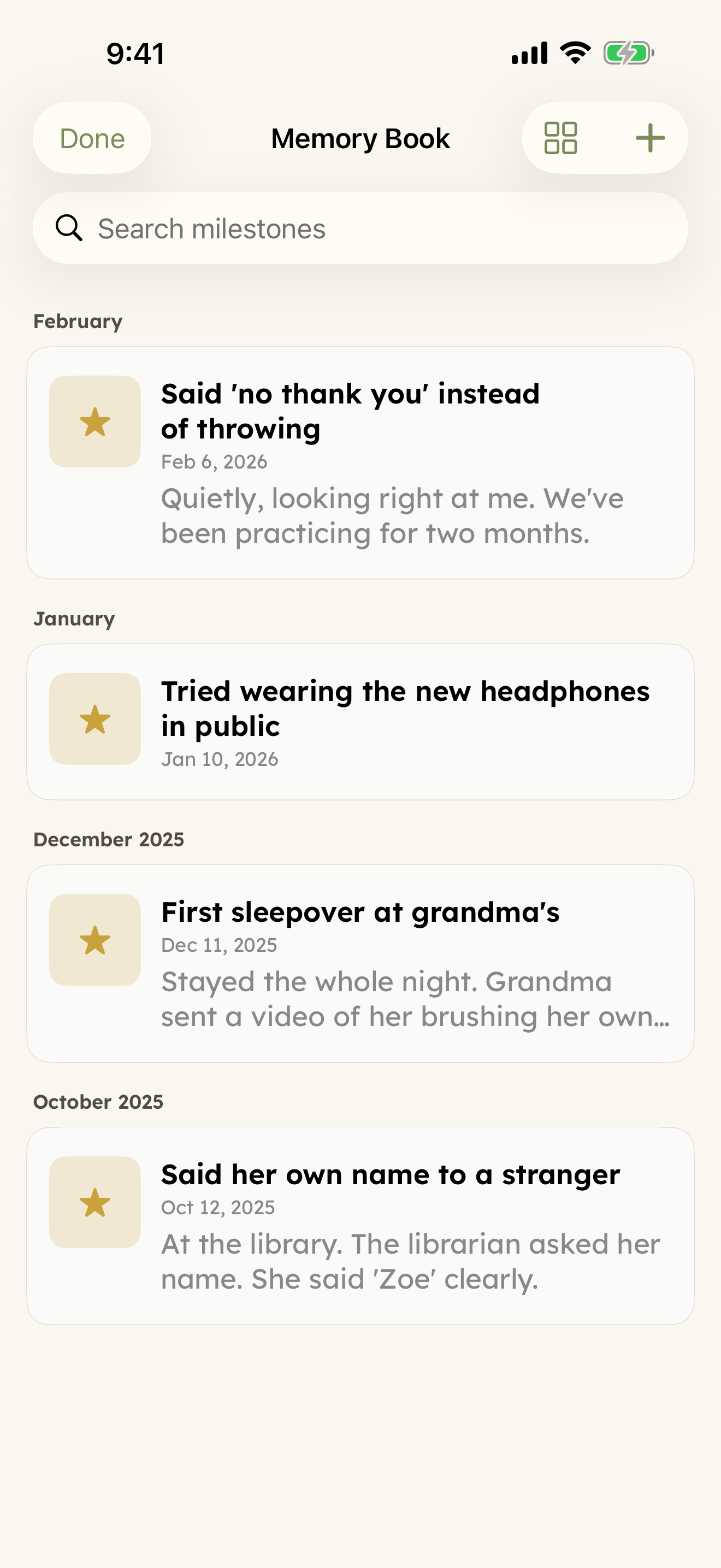 Memory Book — milestones
