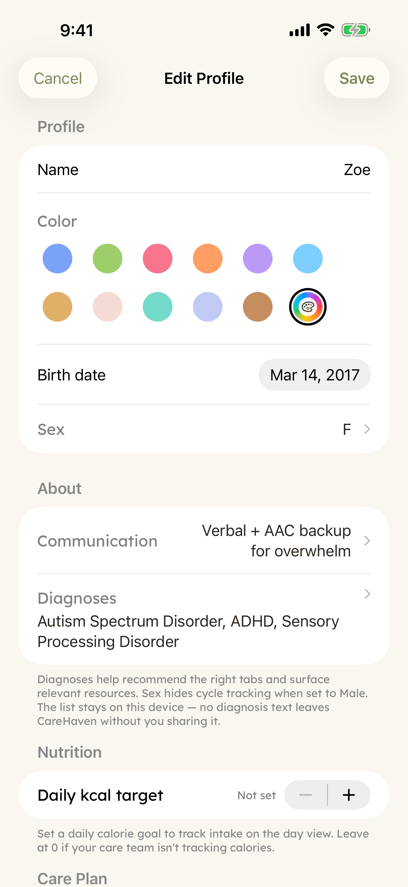Profile hub — care plan, daily life, health, communication