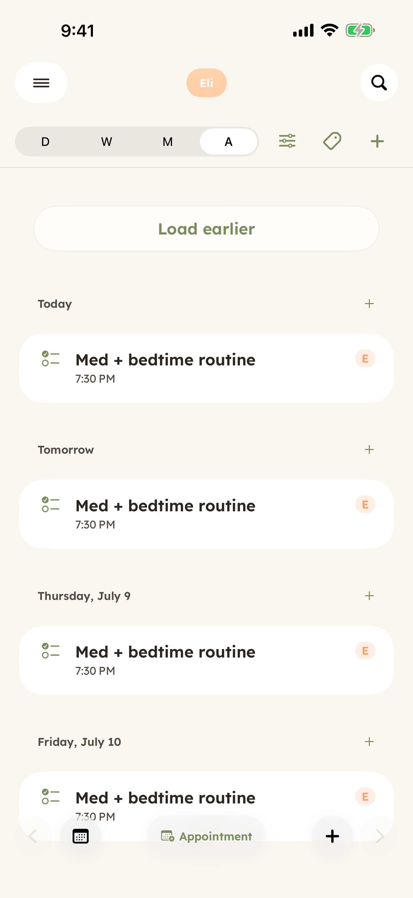 CareHaven Schedule screen — upcoming appointments including anti-seizure medication trough labs, with a running visit-prep question list.