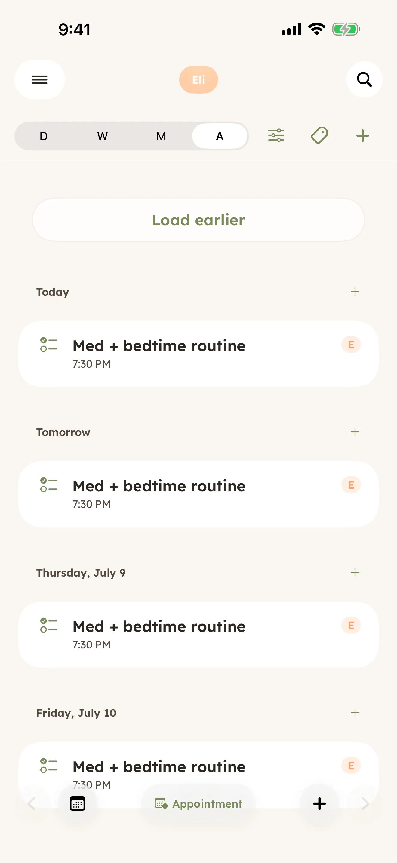 CareHaven Schedule screen — upcoming appointments including anti-seizure medication trough labs, with a running visit-prep question list.