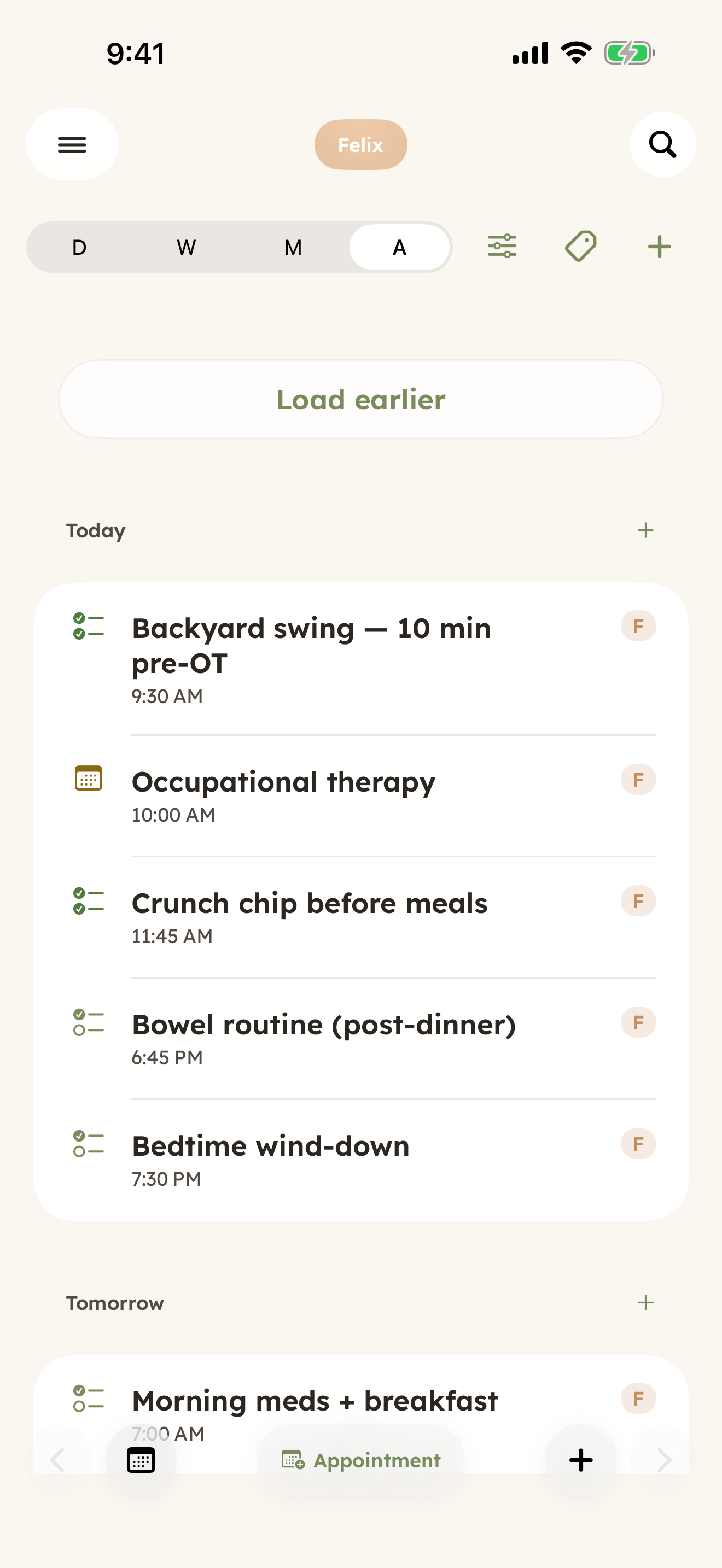 CareHaven Schedule screen — upcoming specialist appointments with a next-visit countdown and a running visit-prep list.