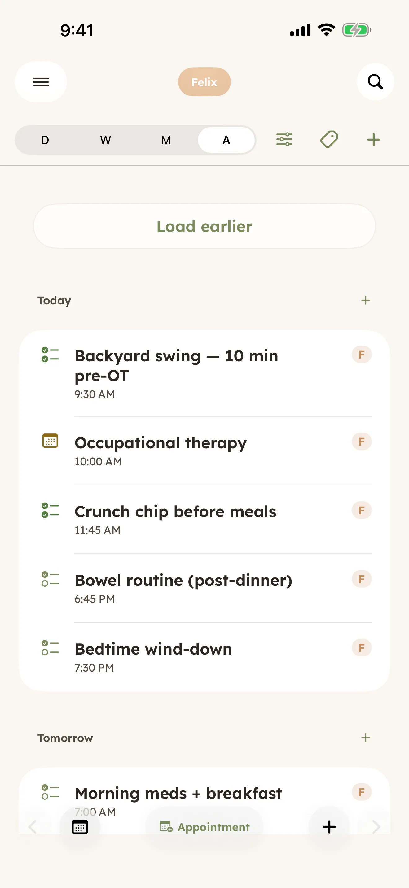 CareHaven Schedule screen — upcoming specialist appointments with a next-visit countdown and a running visit-prep list.