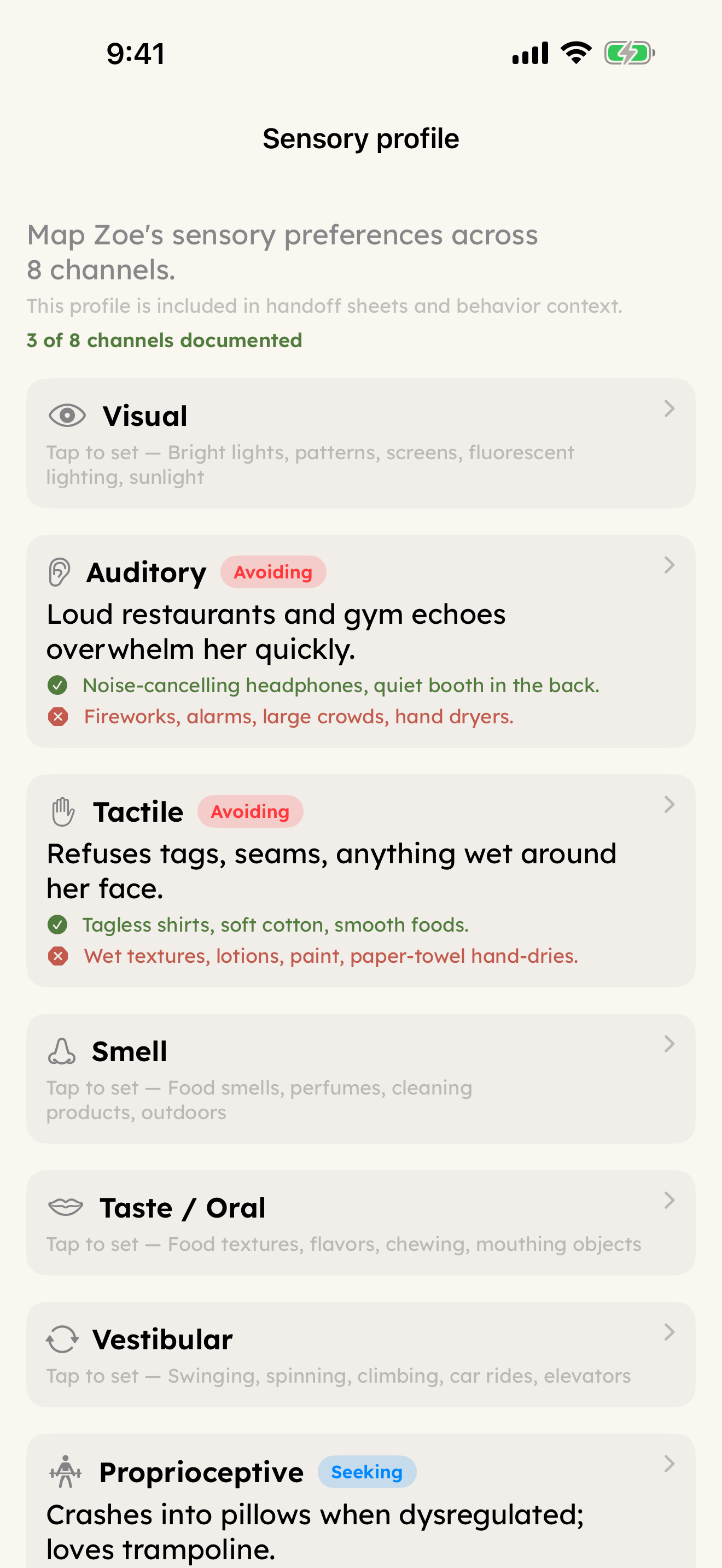 Sensory Profile — 8-channel map