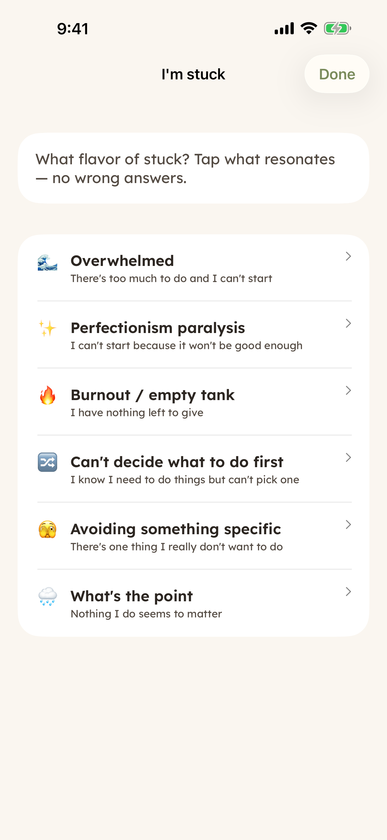 I'm stuck — six flavors of stuck (overwhelmed, perfectionism paralysis, burnout, can't decide, avoiding, what's the point), each with a colored icon and short subtitle